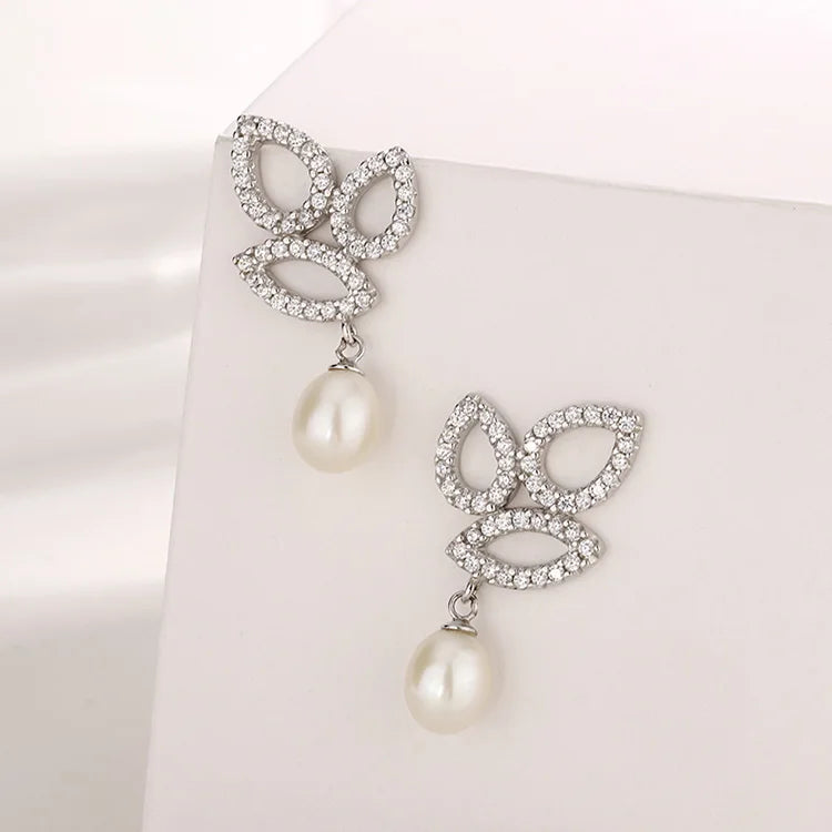 Cubic zirconi crystal diamond dangle drop 925 sterling silver freshwater cultured pearl earrings