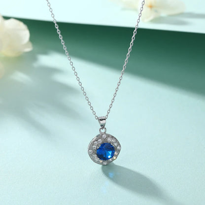 Fashion Halo Imitated Sapphire 7.0mm White Gold Plating Women Pendant Necklaces 925 Silver