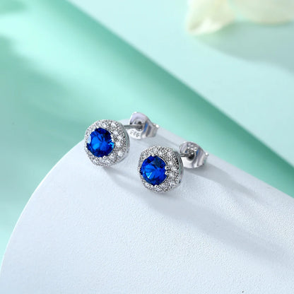 Silver Earrings Synthetic Sapphire Non Tarnish Jewelry Halo Studs Earrings Silver 925