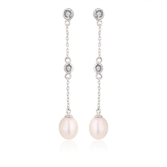 Zircon CZ diamond 925 sterling silver freshwater cultured pearl long chain drop earrings with chain