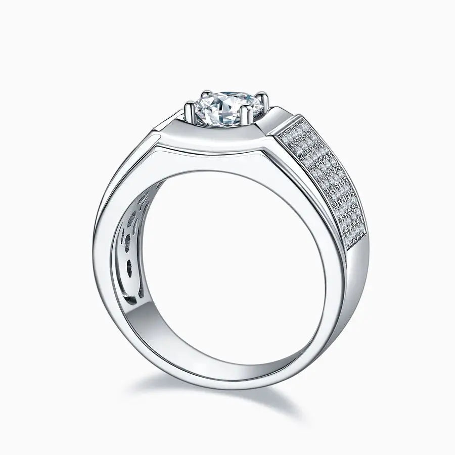 Men's S925 Silver Moissanite Engagement Ring 1 Carat, Single Stone with 18K White Gold Plating, Minimalist Design