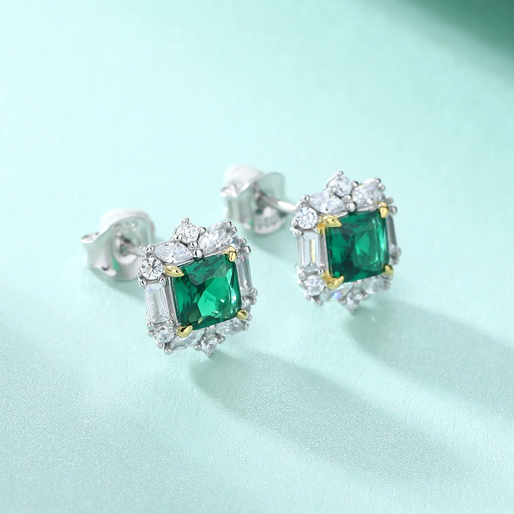 Luxury Silver Jewelry Cushion Cut 5*5mm Emerald Initial Gemstone 925 Sterling SIlver Earring Studs for Women