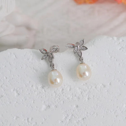 Zirconia fashion statement 925 sterling silver flower freshwater pearl dangle drop earrings with small zircon