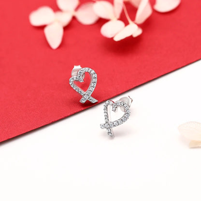 Luxury Heart Earring Studs Hollow Out Design Full-diamond Jewelry Rhodium Plating 925 Silver Earring Studs