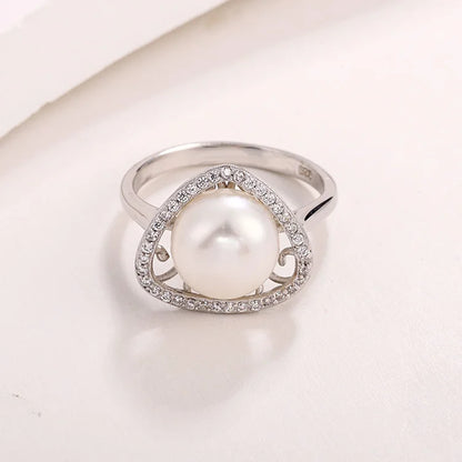 Cubic zirconia diamond setting round triangle dainty 925 sterling silver freshwater pearl ring for women