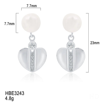 925 Sterling Silver Rhodium Plated Heart Freshwater Pearl pendant drop stud earrings Earrings for Women Wedding Party Gift