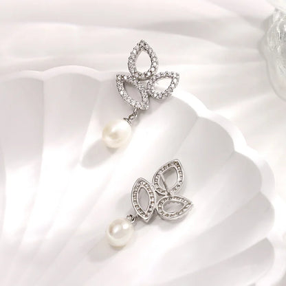 Cubic zirconi crystal diamond dangle drop 925 sterling silver freshwater cultured pearl earrings