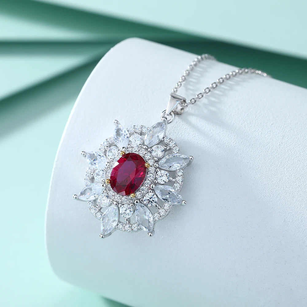 New Arrive Silver Necklace Sunflower Shaped Initial Ruby Gemstone Non Fading 925 Silver Luxury Necklaces for Party