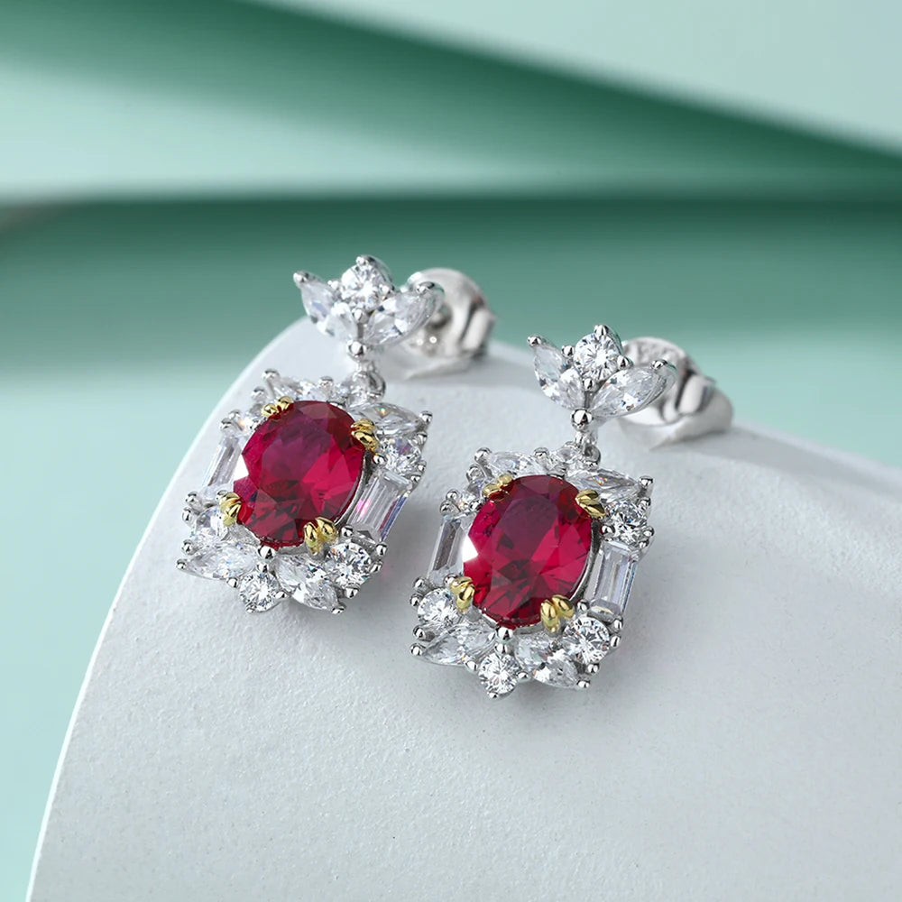 Luxury Long Earring Initial Ruby Gemstone Oval Cut 6*8mm Gold Plated Claw Setting Shiny Design 925 Sterling Silver Earring Studs