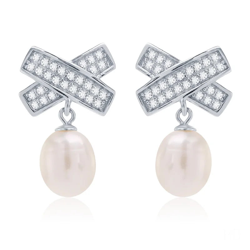 2024 Fashion Women Jewelry 925 Silver Two Pearl Water Drop Rice Pearl Drop Stud Earrings Rhodium-Plated Pearl Earrings