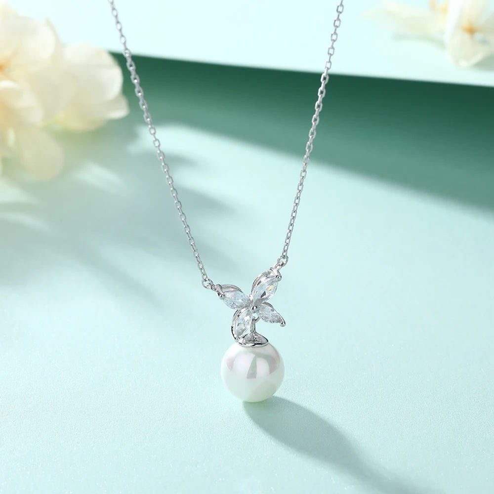 Fashion Freshwater Pearl Pendant 10mm 4 Marquise Cut Rhdoum Plating 925 Silver Necklaces