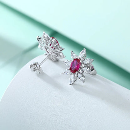 Fine Jewelry Sunflower Shaped Studs Fancy Colored Initial Ruby Gemstone Shiny Earring Studs 925 Silver