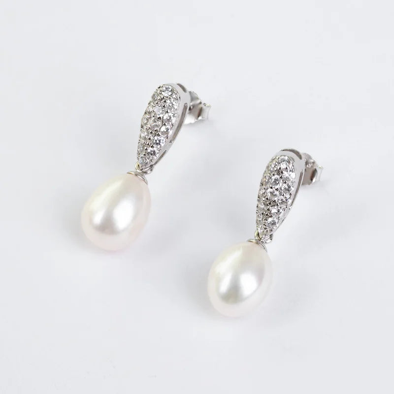 Statement White Cubic Zircon S925 sterling silver chic freshwater pearl pendant drop stud earrings  Gifts earrings for Women