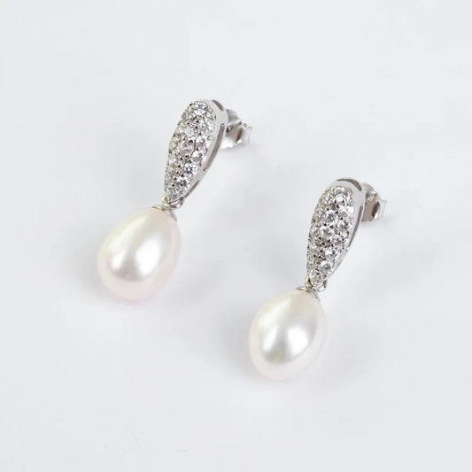 Statement White Cubic Zircon S925 sterling silver chic freshwater pearl pendant drop stud earrings  Gifts earrings for Women