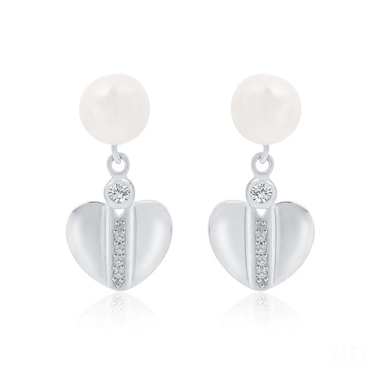 Fashion jewelry 925 sterling silver love heart shaped diamond freshwater pearl dangle drop earrings