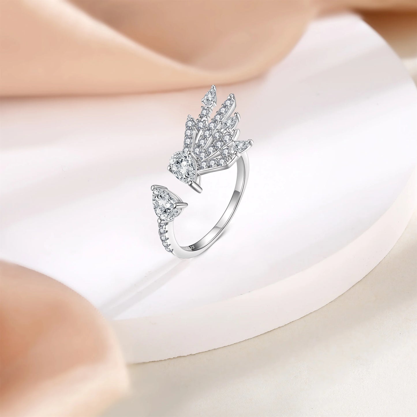 Trendy Feather Shaped Adjustable Rings Rhodium Plated Pear Zirconia Sterling 925 Party Rings for Women