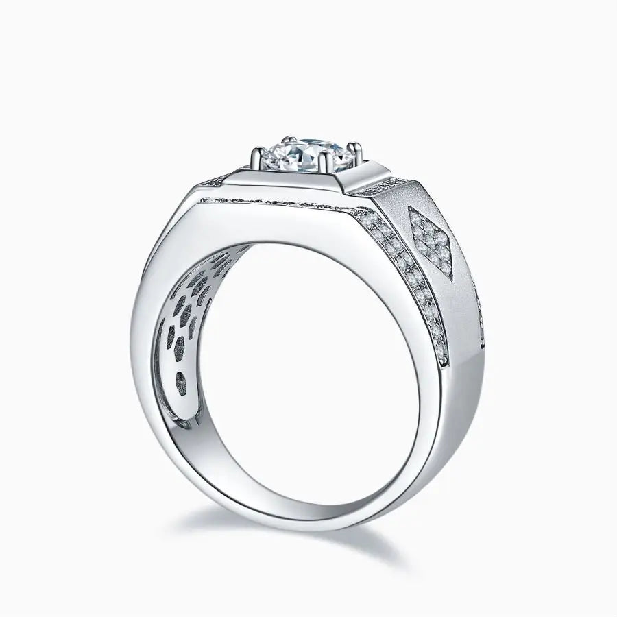 Vintage 1 Ct Round Cut Moissanite Men's Ring - S925 Silver with Rectangular Setting, Perfect for Engagement and Wedding