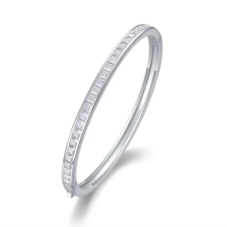 JIU ZUAN 3MM D VVS1 Moissanite Bangle for Women, S925 Silver, 18k White Gold Plated, GRA Certified, Christmas Gift Bracelet