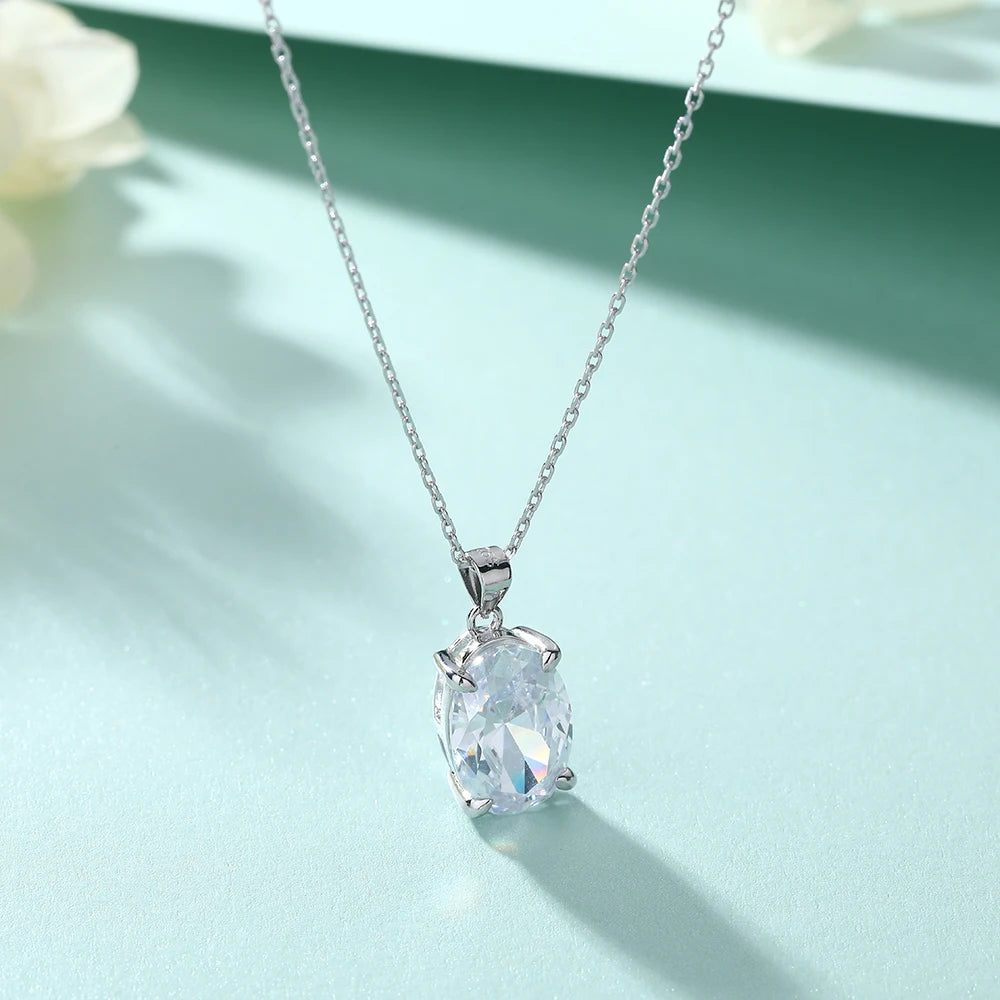 Classic Oval Cut 9*13mm Cubic Zirconia Gemstone Pendant Prong Setting Real Silver Necklaces for Women