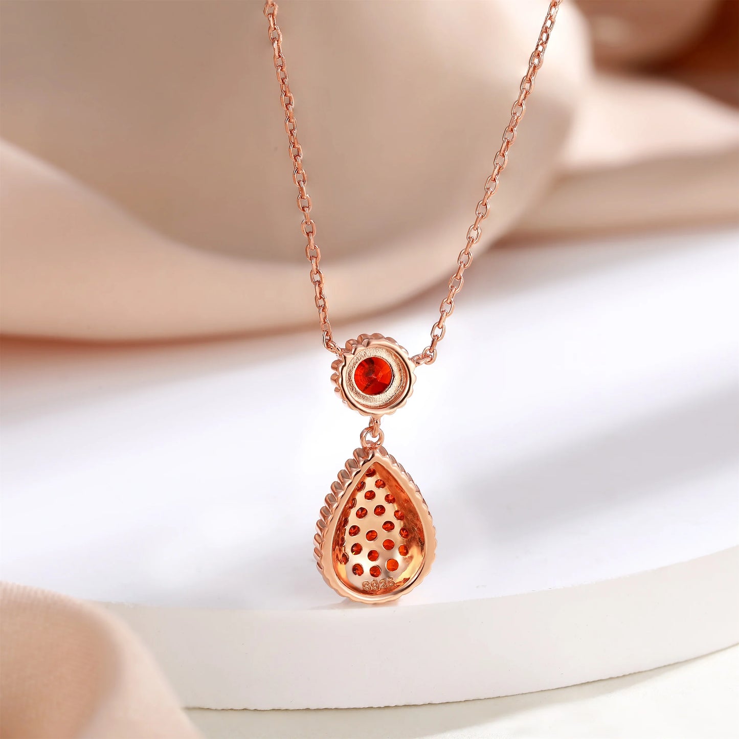 Classic Pear solitaire necklace 18k real rose gold plated cubic zirconia garnet pendant necklace 925 silver