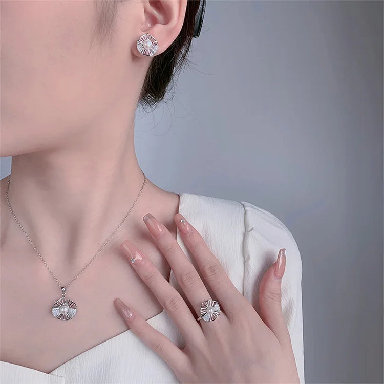 Wholesale fashion luxury 925 sterling silver woman jewelry sets ring pendant necklace and studs earrings set