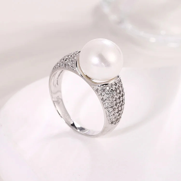 Wide 925 Sterling Silver Big Pearl Ladies Female Engagement Wedding Ring with Diamonds