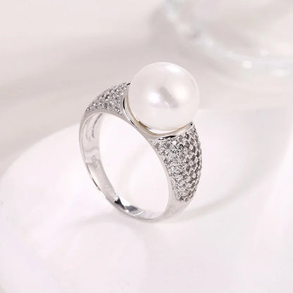 Wide 925 Sterling Silver Big Pearl Ladies Female Engagement Wedding Ring with Diamonds