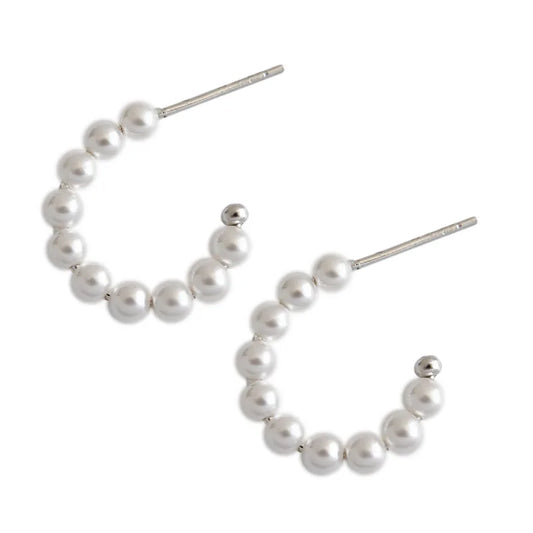 Simple geometric circular shell beads 925 sterling silver beaded pearl hoop earrings