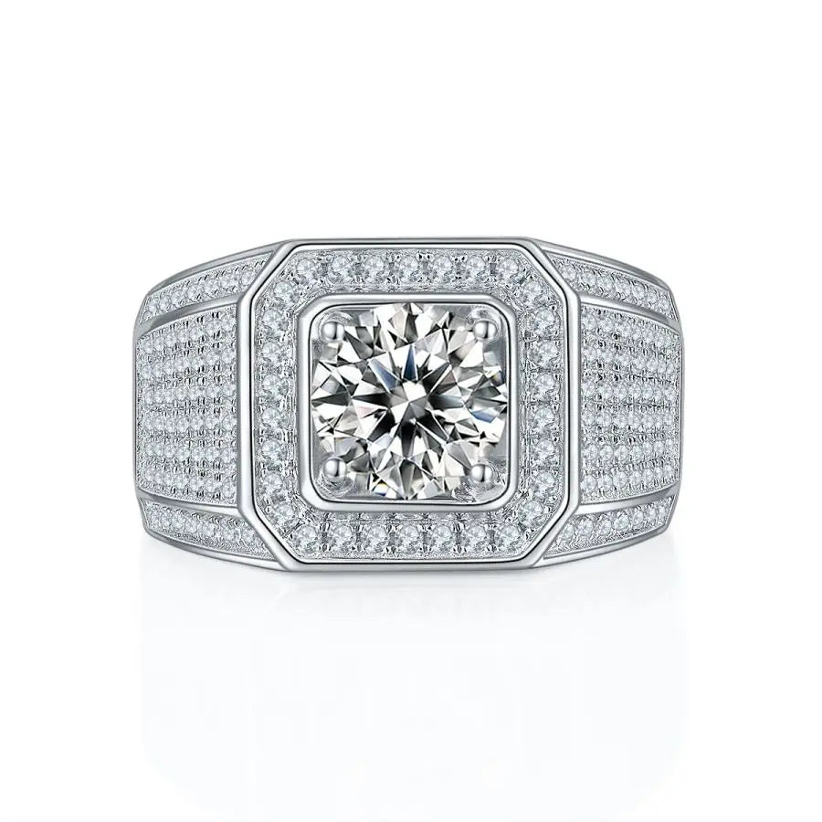 2-Carat Round Moissanite Men's Ring - S925 Silver with 18K Gold Plating, Perfect for Engagement & Hip-Hop Style Gift