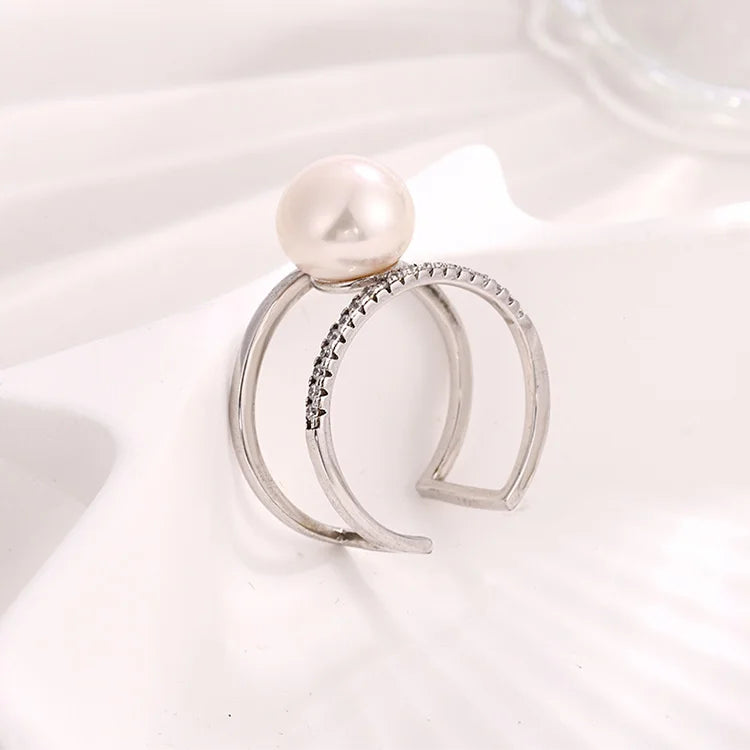 Simple double ring open adjustable custom diamond setting 925 sterling silver engagement ring with a pearl