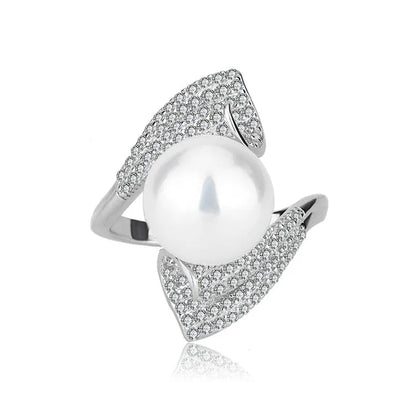 Custom modern one freshwater pearl and cubic zirconia engagement ring with diamonds