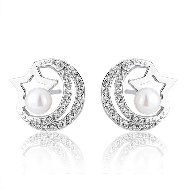 Women luxury fine jewelry gift 925 silver ring moon star pearl pendant necklace earrings set