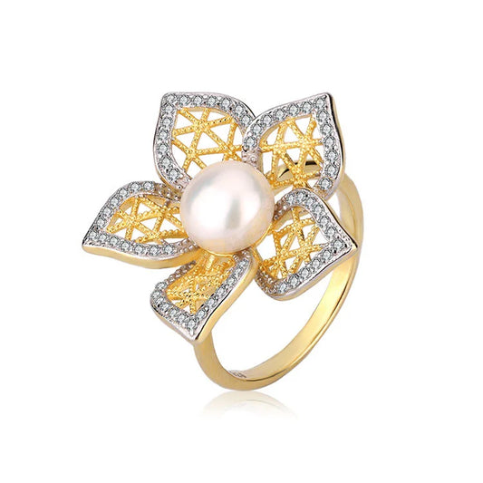 14k 18k Gold plated sterling silver pearl flower wedding engagement ring for ladies women