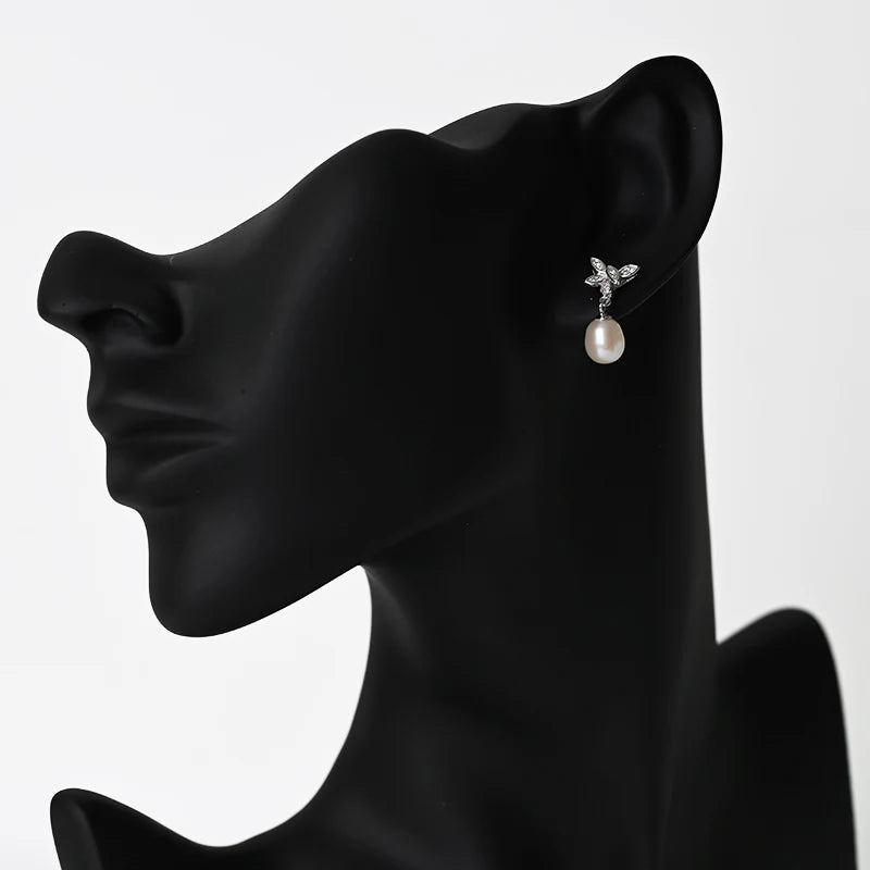 Zirconia fashion statement 925 sterling silver flower freshwater pearl dangle drop earrings with small zircon