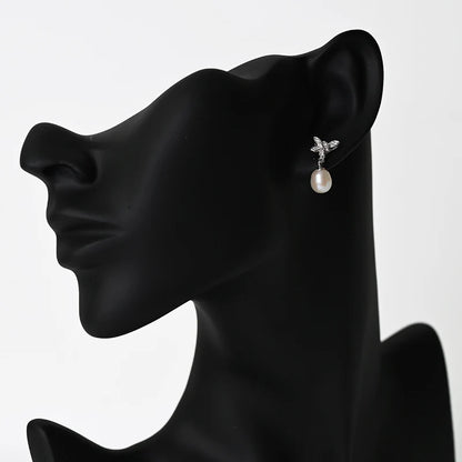Zirconia fashion statement 925 sterling silver flower freshwater pearl dangle drop earrings with small zircon
