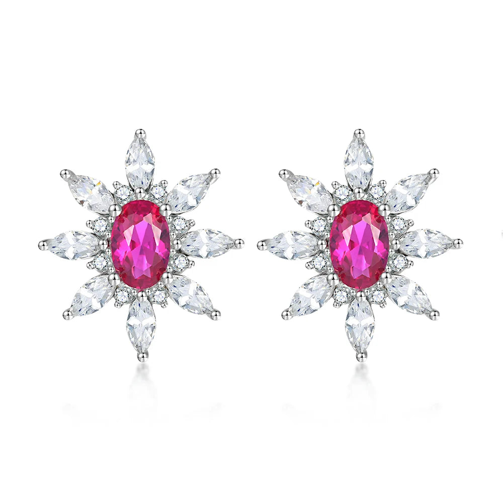 Fine Jewelry Sunflower Shaped Studs Fancy Colored Initial Ruby Gemstone Shiny Earring Studs 925 Silver