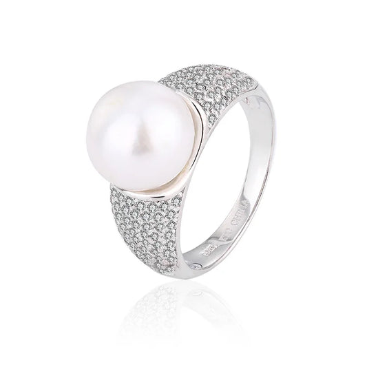 Wide 925 Sterling Silver Big Pearl Ladies Female Engagement Wedding Ring with Diamonds