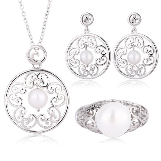 Fashion women jewelry dainty ring 925 sterling silver fresh water pearls pendant necklace and earrings set