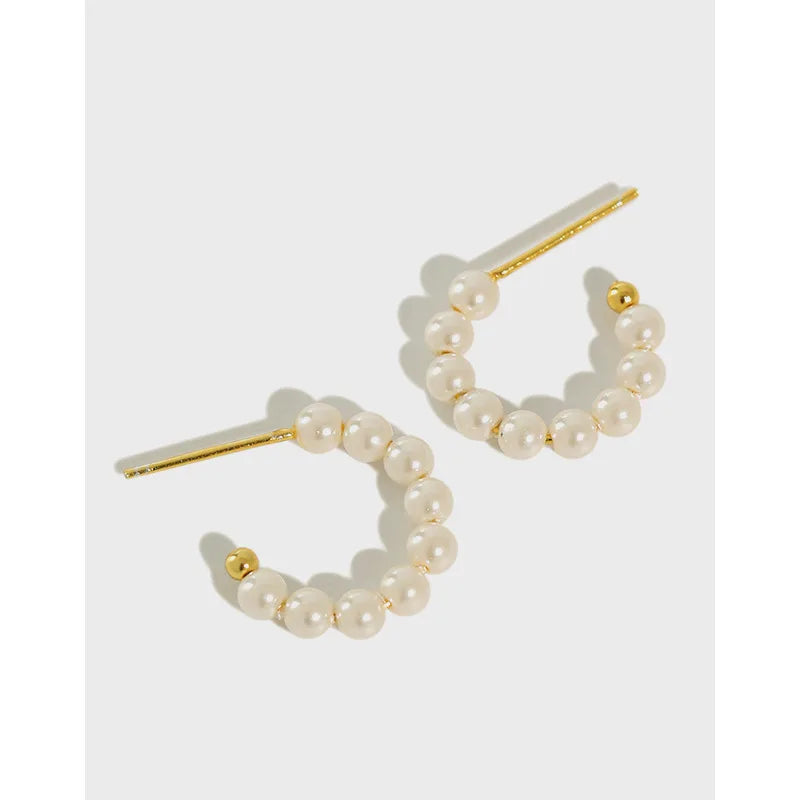 Simple geometric circular shell beads 925 sterling silver beaded pearl hoop earrings