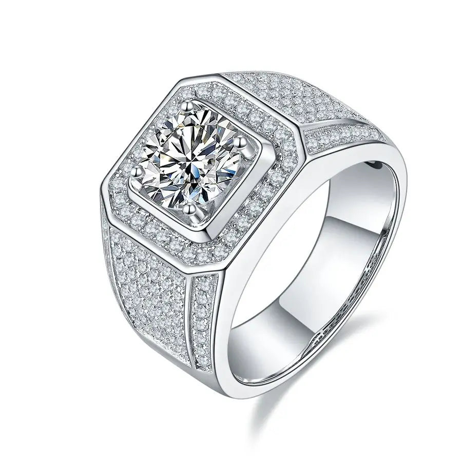 2-Carat Round Moissanite Men's Ring - S925 Silver with 18K Gold Plating, Perfect for Engagement & Hip-Hop Style Gift