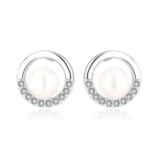 Custom logo zircon diamond gemstone circle round real pearl stud earrings for women