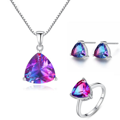 Jewelry Set  Women Jewelry Rhodium Plated Colorful Zirconia Stone Ring Necklace Earring Non Tarnish Jewelry Sets