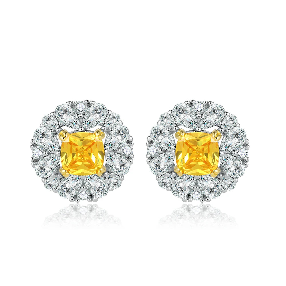 Luxury Fancy Colored Yellow Zirconia Studs Jewelry White Gold Plated Pure Silver Earrings