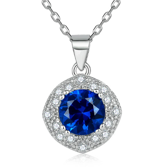 Fashion Halo Imitated Sapphire 7.0mm White Gold Plating Women Pendant Necklaces 925 Silver