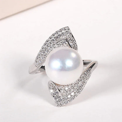 Custom modern one freshwater pearl and cubic zirconia engagement ring with diamonds