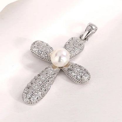 Women sterling silver moissanite diamond crucifix cross pendant with freshwater pearl