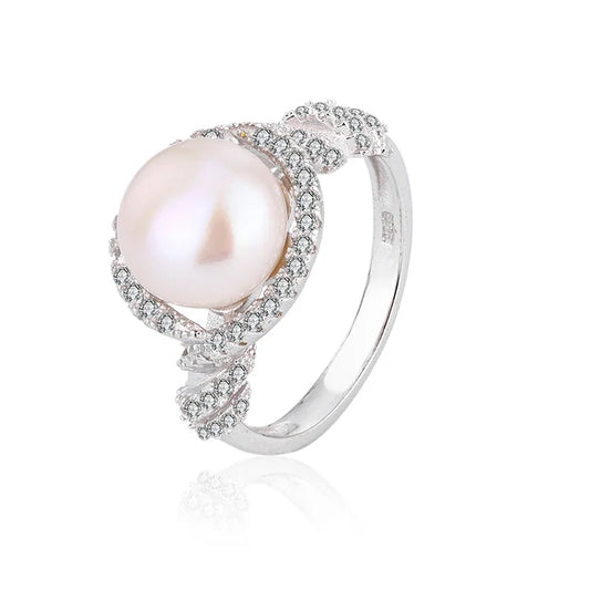 Unique ladies vintage white cultured pearl silver rings with diamonds