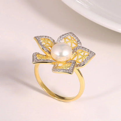 14k 18k Gold plated sterling silver pearl flower wedding engagement ring for ladies women