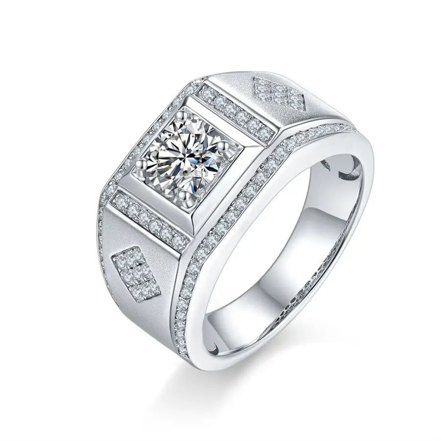 Vintage 1 Ct Round Cut Moissanite Men's Ring - S925 Silver with Rectangular Setting, Perfect for Engagement and Wedding