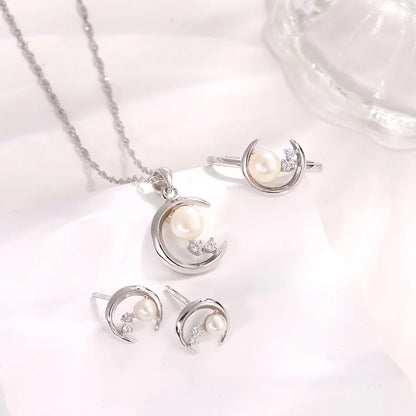 Fashion pearl silver fine jewelry set ladies 925 sterling silver fresh water pearls ring earrings necklace pendant set